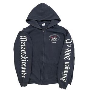 Vintage Y2K German Motorcycle Club Black Faded Zip Hoodie Sweatshirt Men’s XL